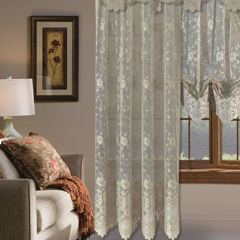 Grace Floral Lace Window Curtain Panels Or Valance - 84 Inches - Khaki