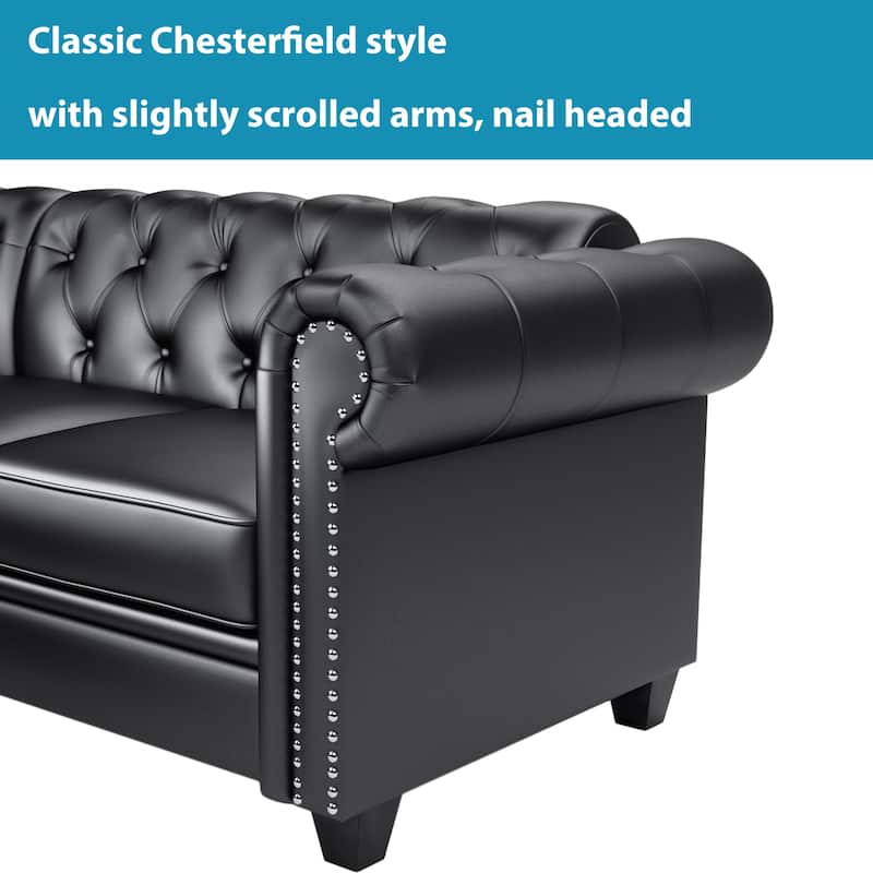 116" Chesterfield Sectional Sofa Set, PU Leather 4-Seat Living Room Set with Storage Ottoman ,Nailheaded