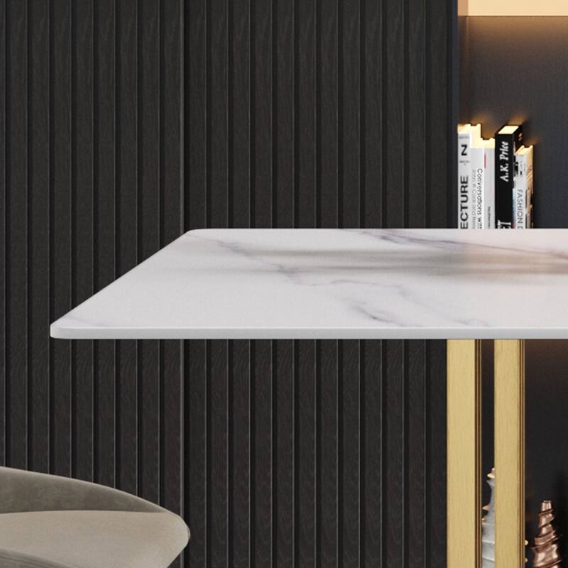 63"Modern artificial stone white straight edge metal leg dining table -6 people