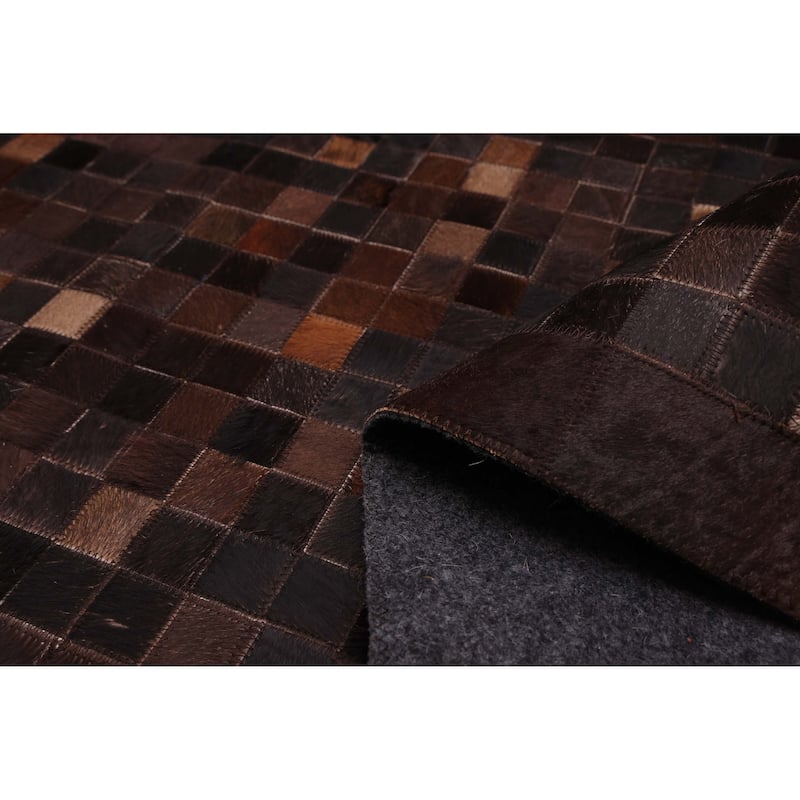 ECARPETGALLERY Handmade Cowhide Patchwork Dark Brown Leather Rug - 8'1 x 10'0