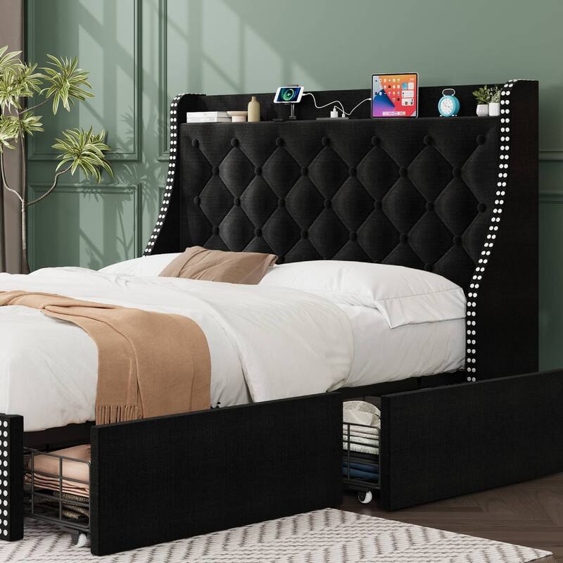 Bed Frame with 4 Storage Drawers and Headboard
