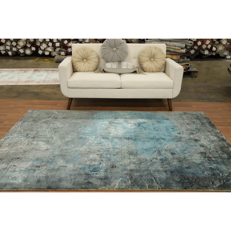 Hand Knotted Oriental Viscose Silk Carpet Modern Pictorial Greys & Charcoal Abstract Area Rug - 7' 10'' X 5' 7''