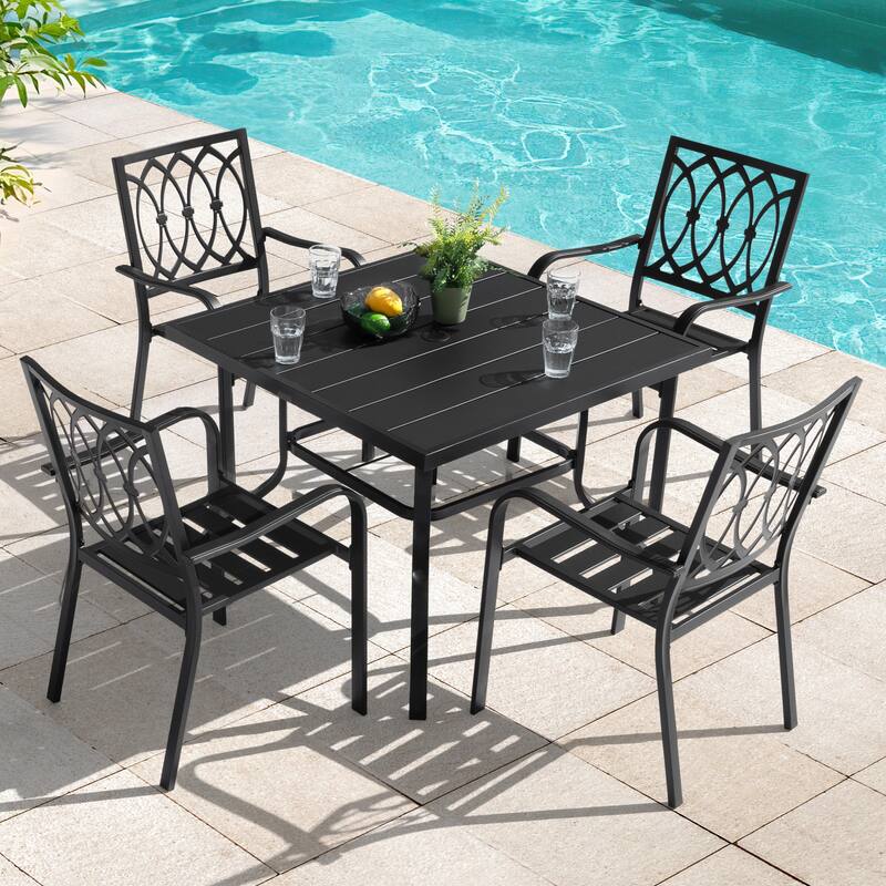 Metal Outdoor Dining Set with Umbrella Hole and Stackable Chairs - 5PCS