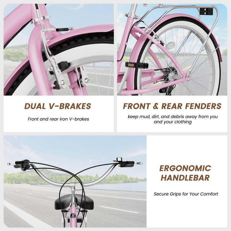 Beach Cruiser Bike for Women and Men, 24/26 Inch 7-Speed Adult Bicycle