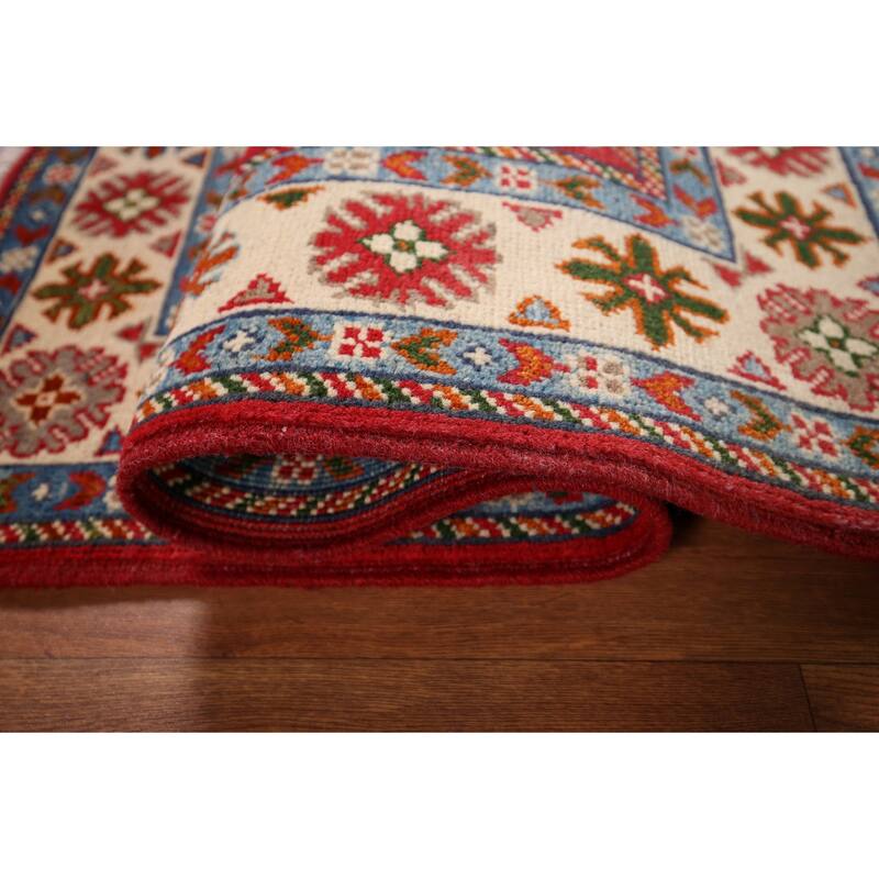 Geometric Kazak Foyer Rug Hand-Knotted Red Wool Carpet - 2'8" x 3'11"