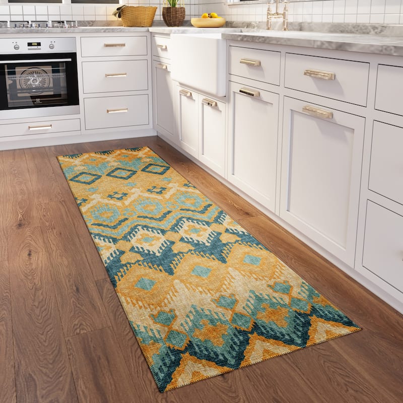 Indoor/ Outdoor Addison Yuma Southwest Ikat Washable Area Rug - 2'3" x 7'6" - Yellow