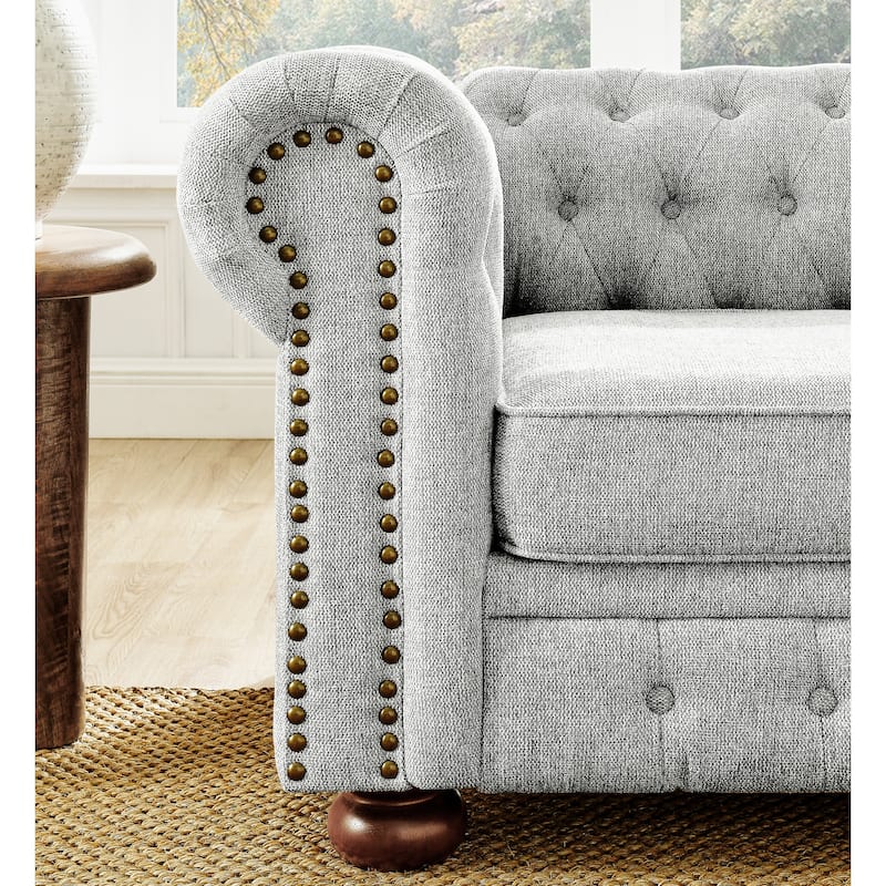 Roomfitters Chesterfield Tufted Linen Upholstered 3-Seater Sofa with Scrolled Arms and Nailhead Trim