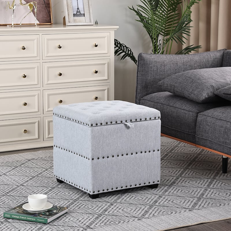 Adeco Fabric Square Storage Ottoman with Tray