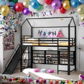 Classic House Bed Loft Bed with Built-in Ladder, Slide and Open-Slatted