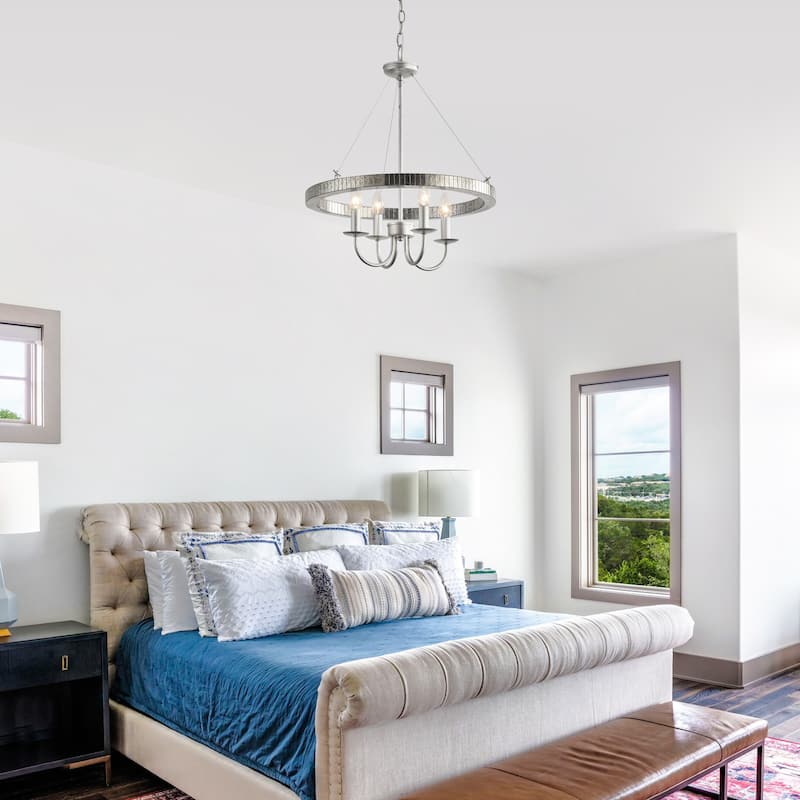Rustic Silver Metal Round Wagon Wheel 4-Light Candle Chandelier for Dining Room - 19.7" W x 23.6" H