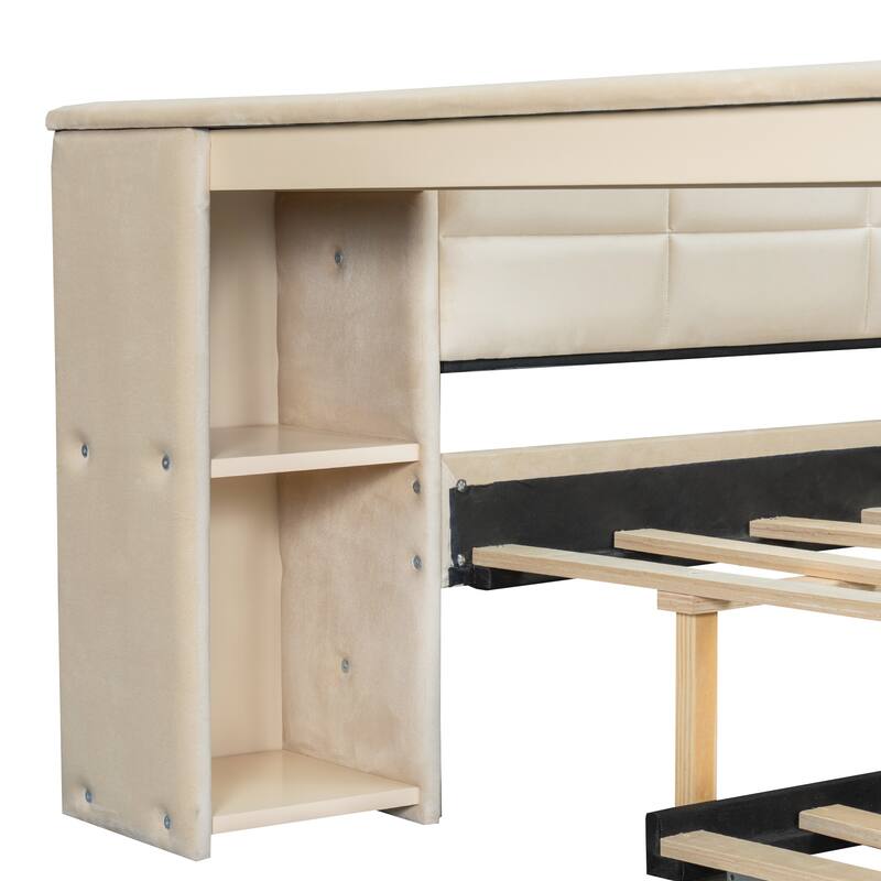 Full Size Upholstered Platform Sofa Bed with Trundle, Modern Velvet Daybed with Storage Shelves, Desk and Charging Station