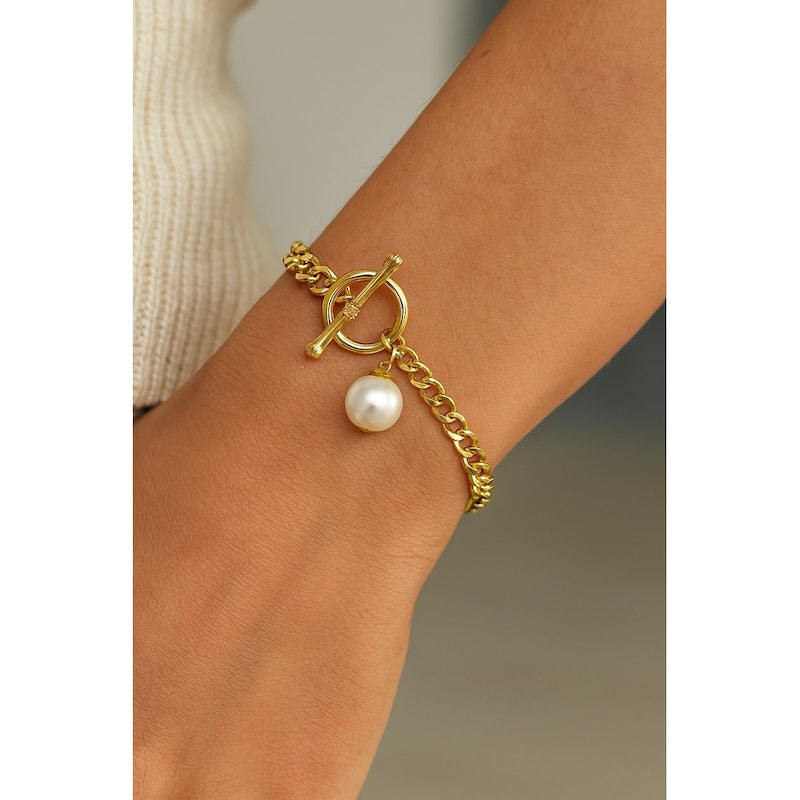 Double Chain with Shell Pearl Drop Toggle Bracelet - Gold