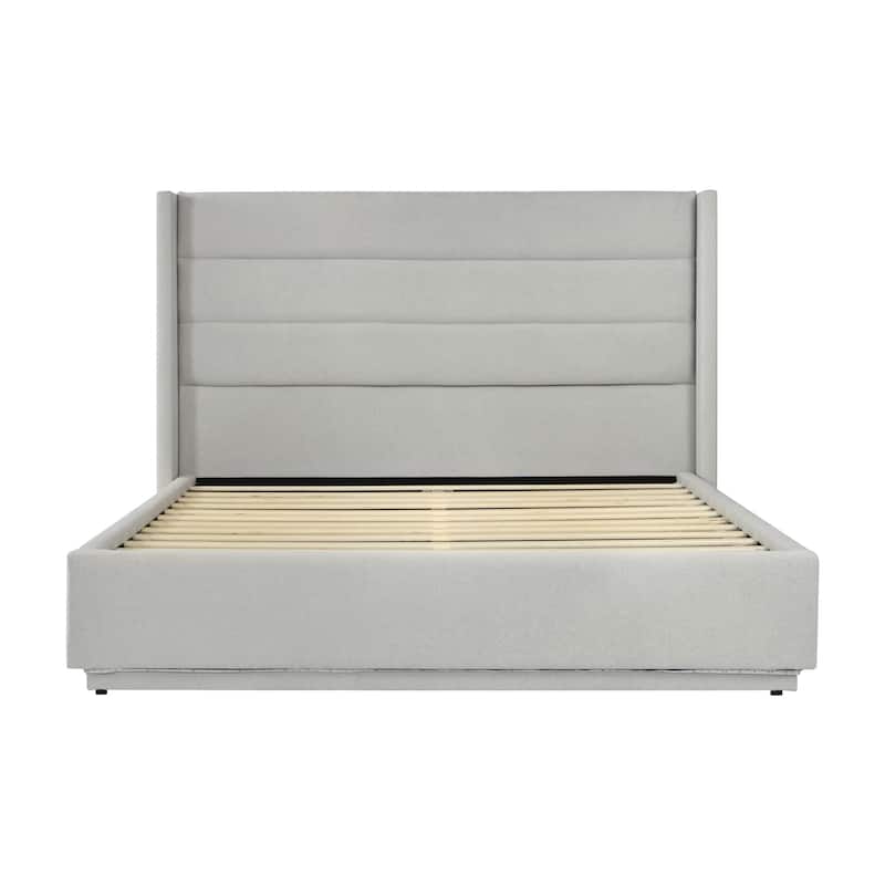 Greige Bed Frame Queen Size Platform Bed with Ambient Lighting on Footboard Side Rails, Linen Fabric Corner Wingback Bed
