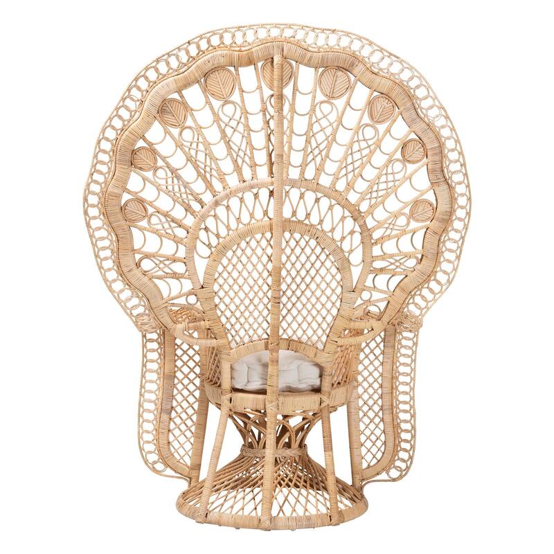 Nafisa Natural Rattan Peacock Chair - Handwoven Wicker Accent Chair with Fan Backrest and Removable Cushion, Boho Accent Seating
