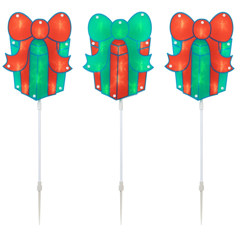 Set of 3 Lighted Holographic Christmas Gift Box Pathway Markers 4.75'