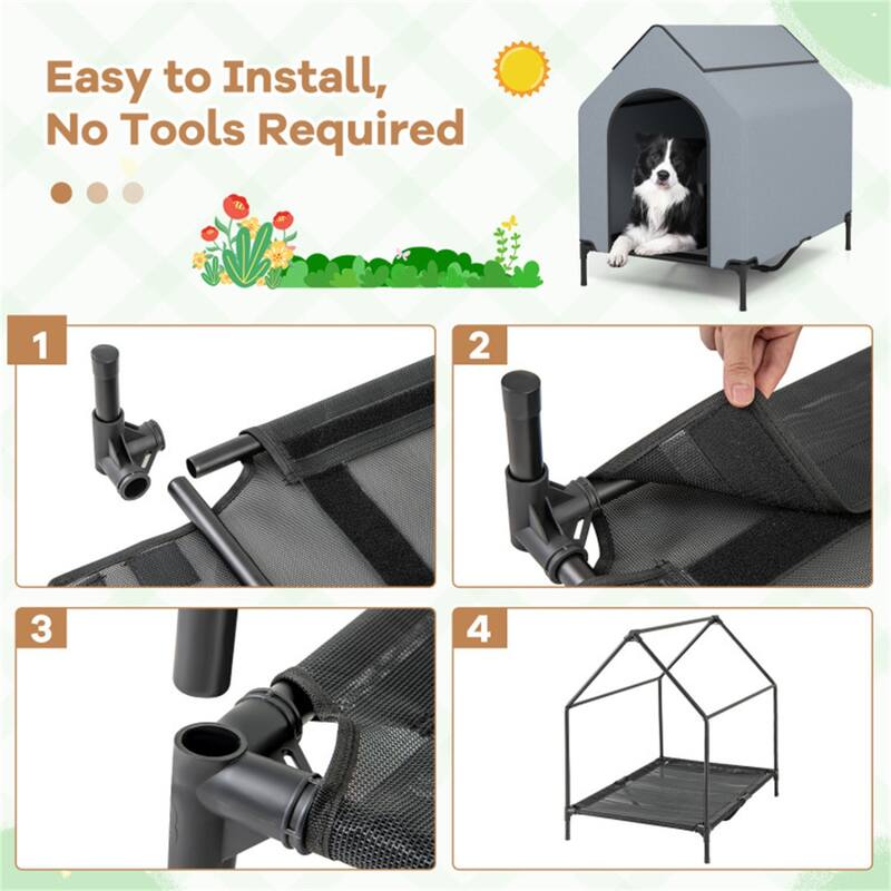 Portable Elevated Dog House with Waterproof Canopy and Ventilation Windows, Easy to Clean