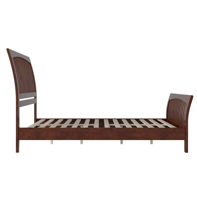 Solid Wood Low Profile Platform Bed - Queen Size, Matching Footboard, Slatted Headboard, Walnut Finish