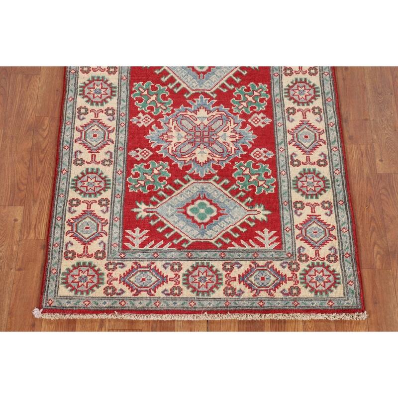 Geometric Red Kazak Accent Rug Hand-Knotted Bedroom Wool Carpet - 2'9" x 3'10"