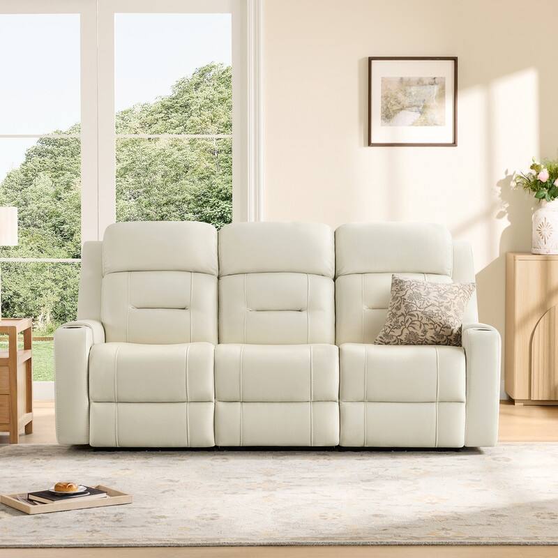 Spruce & Spring Genuine Leather Power Reclining Sofa with Wireless Charging - 3PC - Cream