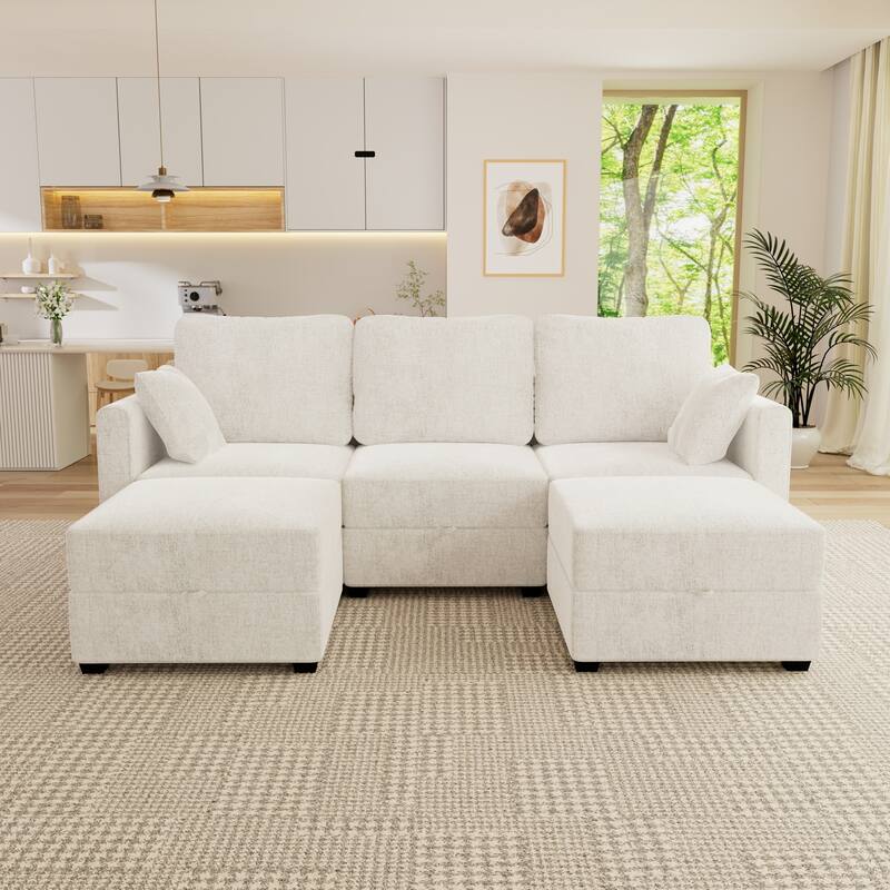 U-Shaped 3-Seater Sectional Sofa with 2 Storage Ottomans - Beige