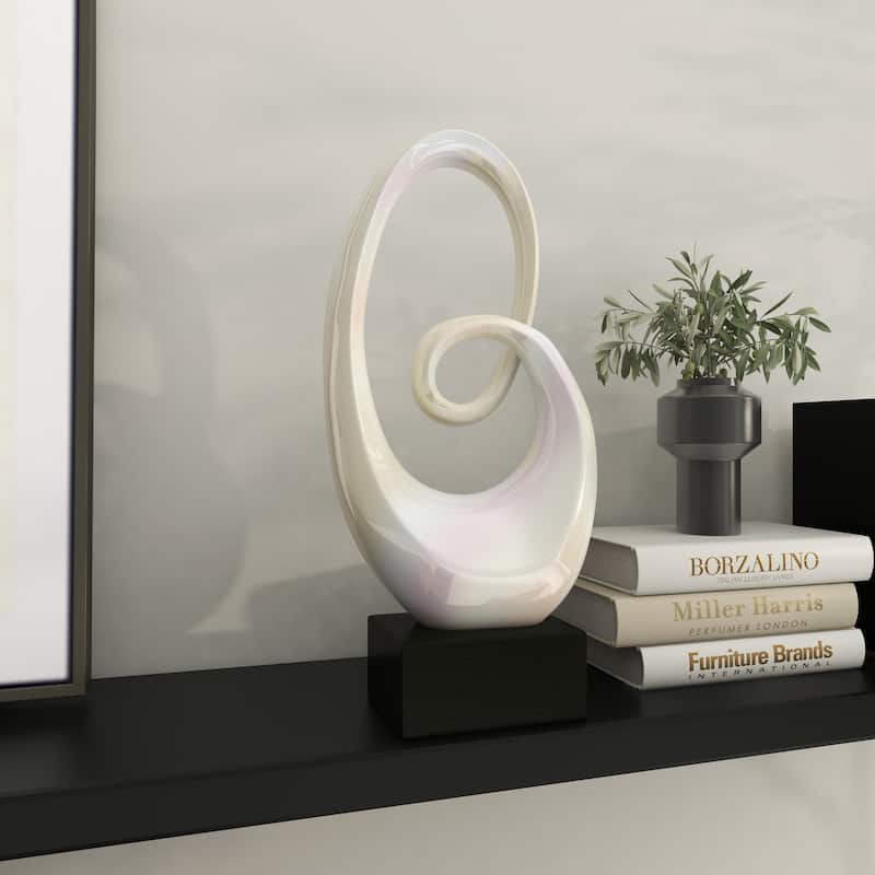Sleek Ceramic Swirl Abstract Sculpture with Black Wooden Base - Silver or White