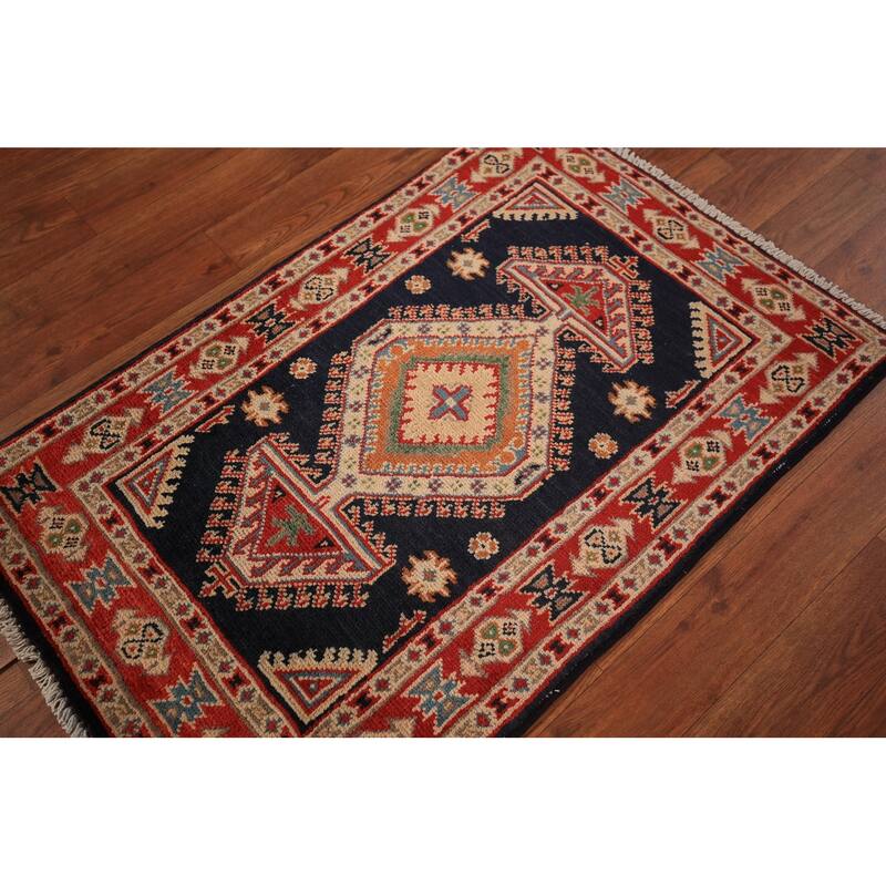 Dark Navy Blue Kazak Oriental Foyer Rug Hand-Knotted Wool Carpet - 2'0" x 3'0"