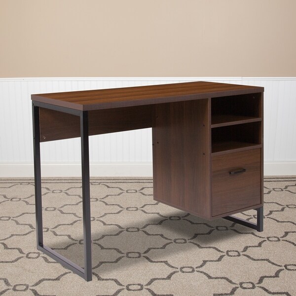 Rustic Coffee Wood Grain Finish Computer Desk with Metal Frame. Opens flyout.