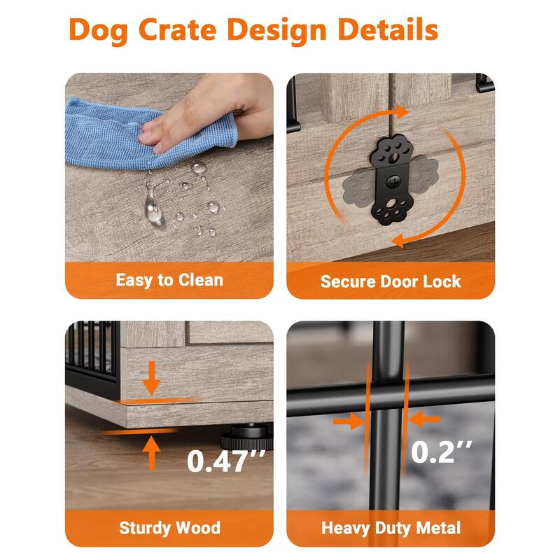 Dog Crate Furniture with Cushion Double Doors Wooden Dog Kennel