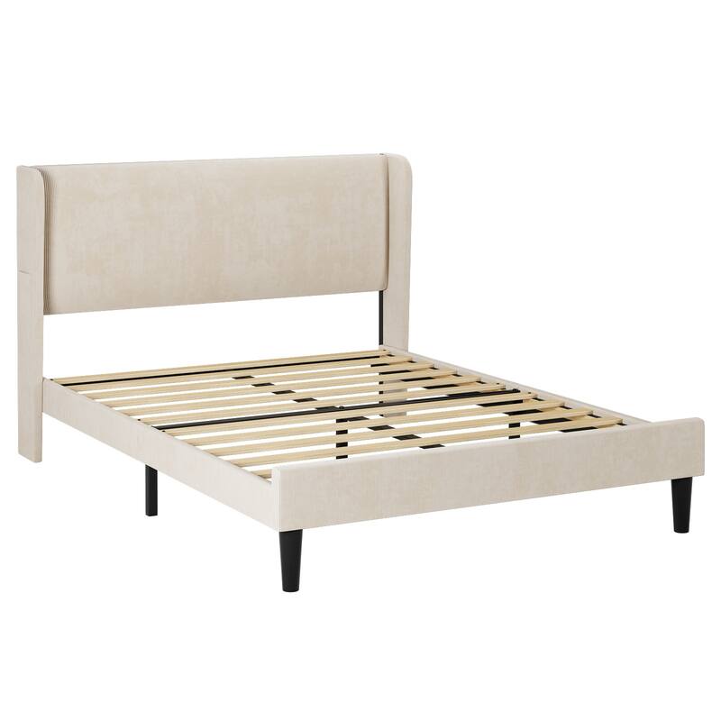 Velvet Bed Frame Full Size with Wingback Headboard and Storage Pockets