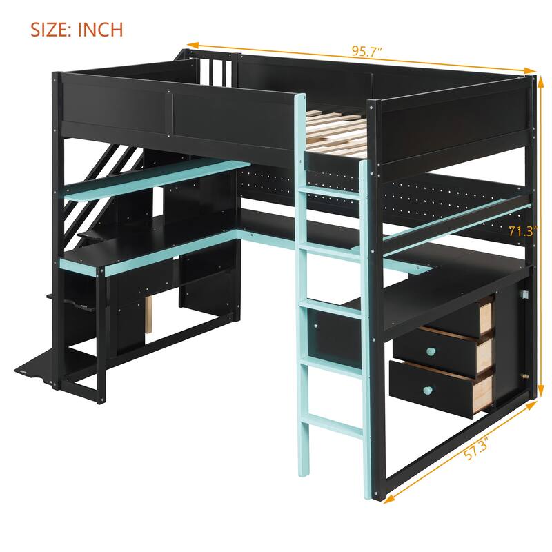 Gaming Loft Bed with Desk - Full/Twin, Includes Storage Stairs, Shelves & Pegboard