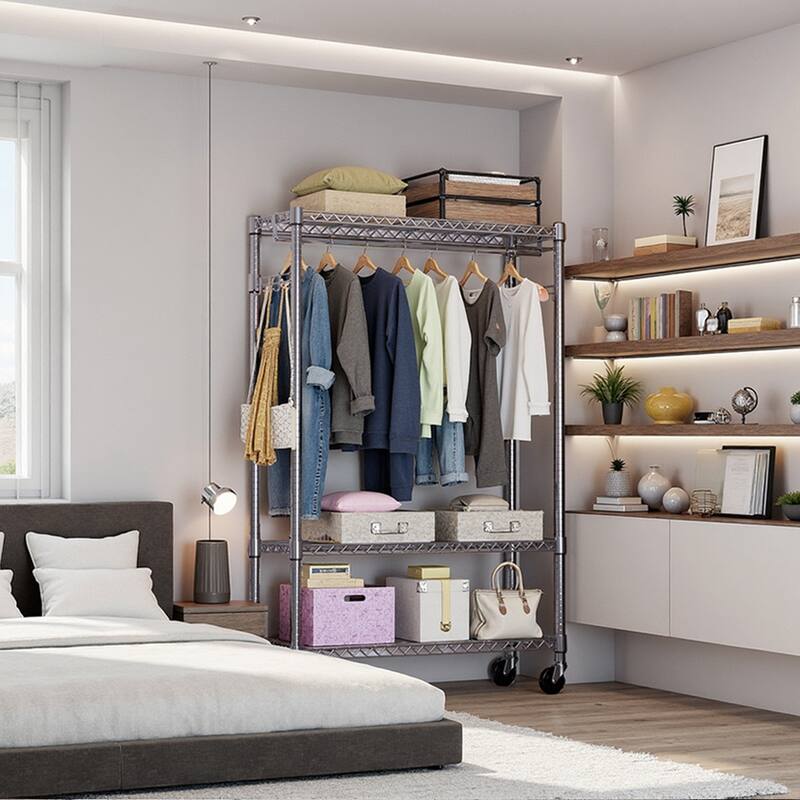 Heavy Duty Rolling Garment Rack 3 Tiers Adjustable Wire Shelving Clothes Rack with 1 Rods and Side Hooks