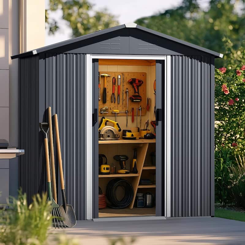 Metal Outdoor Garden Shed Storage Tool Shed with Sliding Doors - 6 x 4 FT-Black