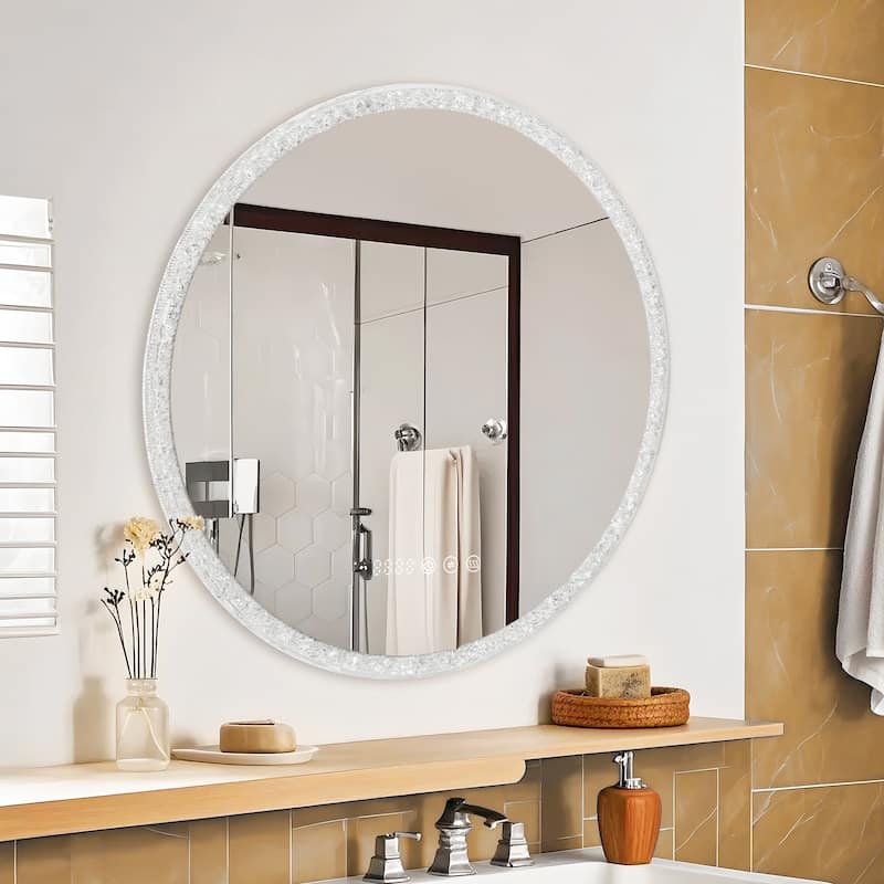 Smart Round Bathroom Mirror with LED Ring Light, Touchscreen, Anti-Fog, and Dimmable Brightness - Silver