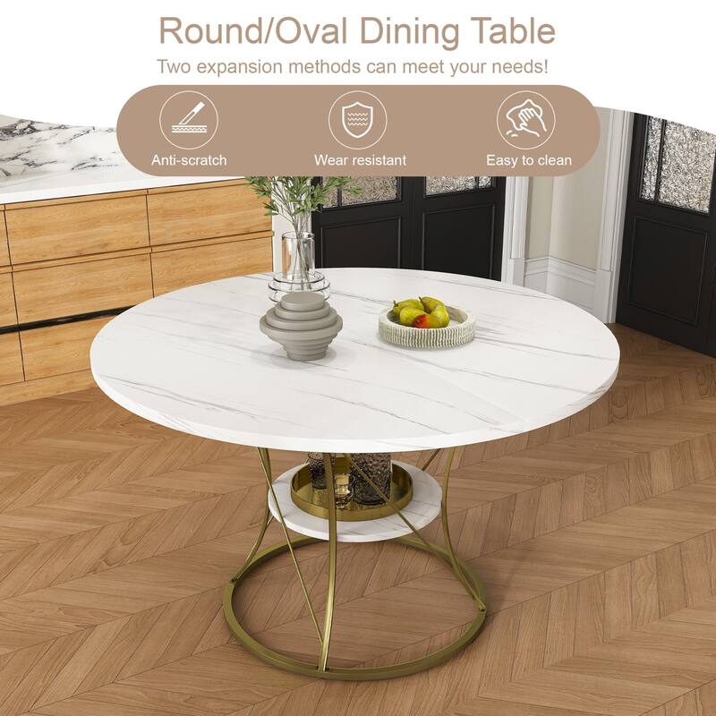 43.31" Round Extendable Wooden Dining Table with Storage Shelf and Metal Base