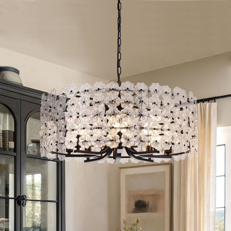 Mid-Century 8-Light Glass Blossom Round Cage Chandelier 25.6 in - Black