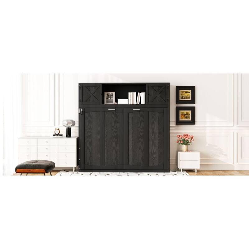 Roomfitters Full/Queen Size Murphy Bed with Storage Cabinets, Shelves and Rustic X-Shape Design