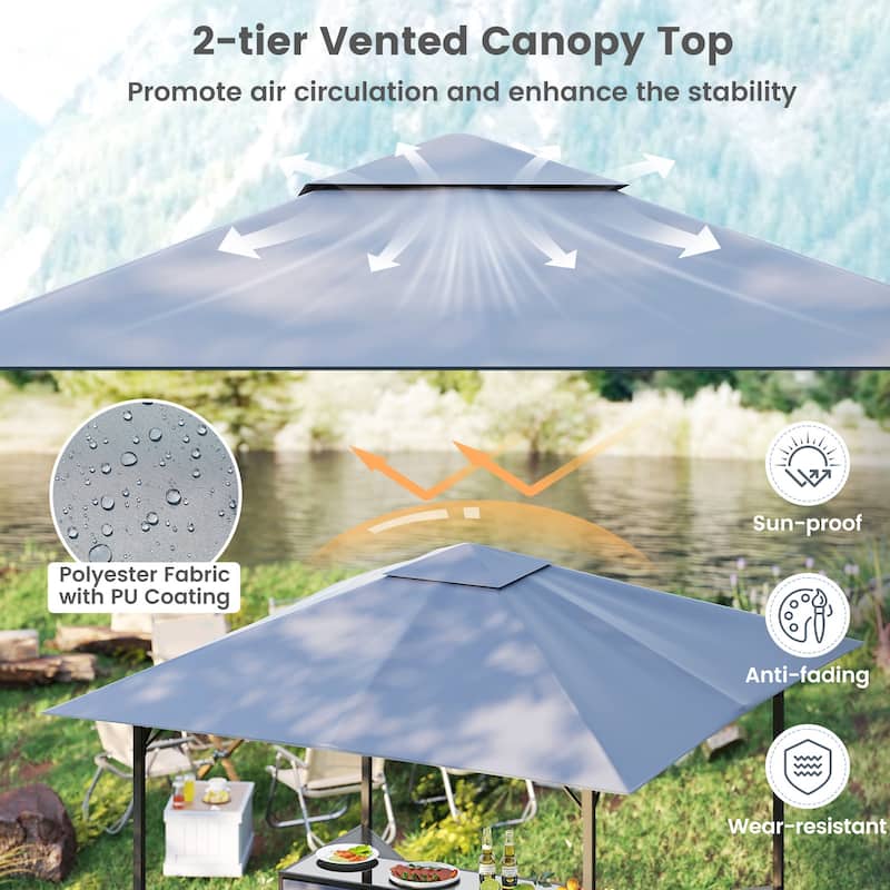 Outdoor 3 Piece Bar Set with Grill Gazebo and 2 Bar Stools Double Tier Canopy and Storage Shelf - 8 x 8 x 8 ft