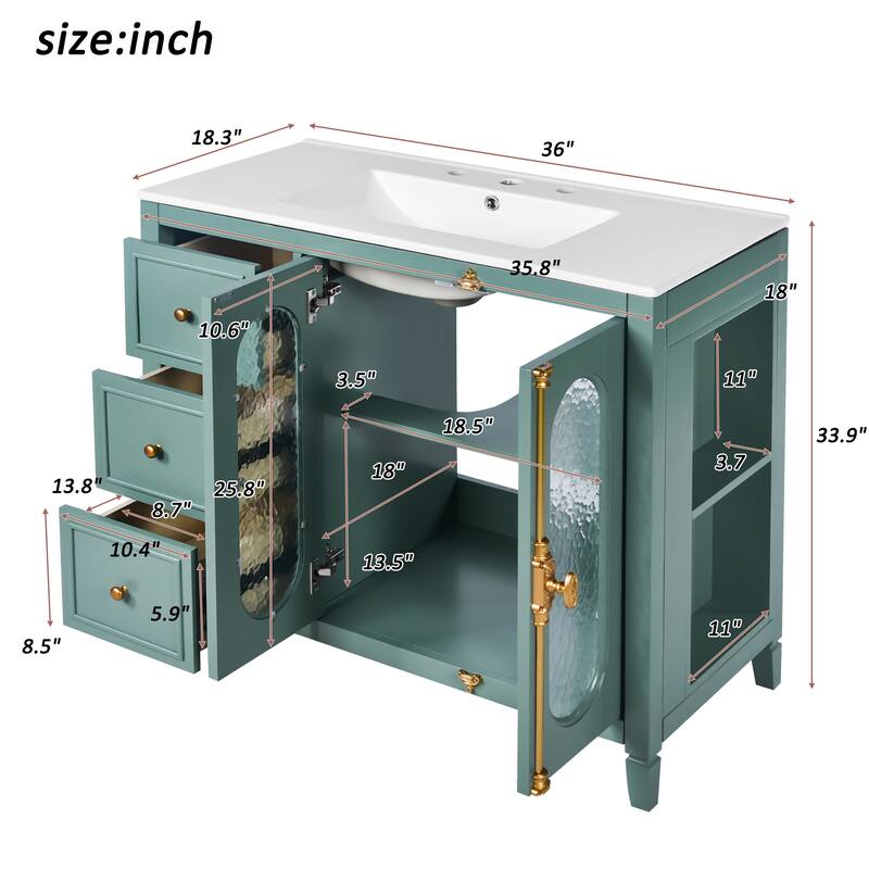 36" Single Sink Bathroom Vanity, Translucent Patterned Glass Doors Bathroom Storage Cabinet with 3 Drawers