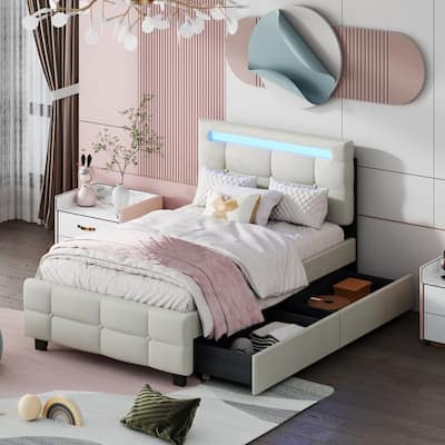 Twin Size Linen Upholstered LED Platform Bed Frame with Drawers