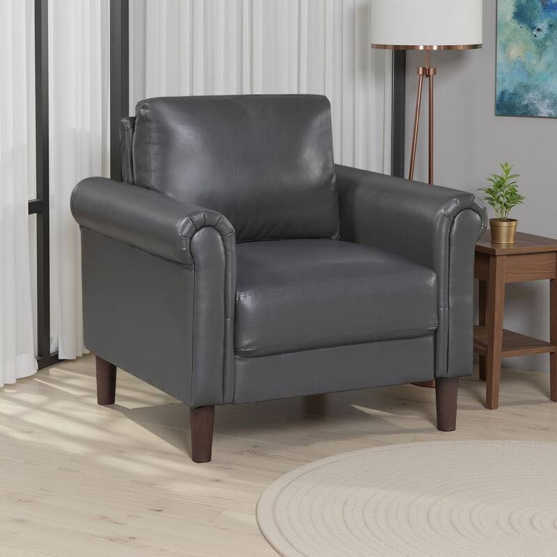 Lo Accent Chair w Rolled Arms, Midcentury Dark Gray Faux Leather