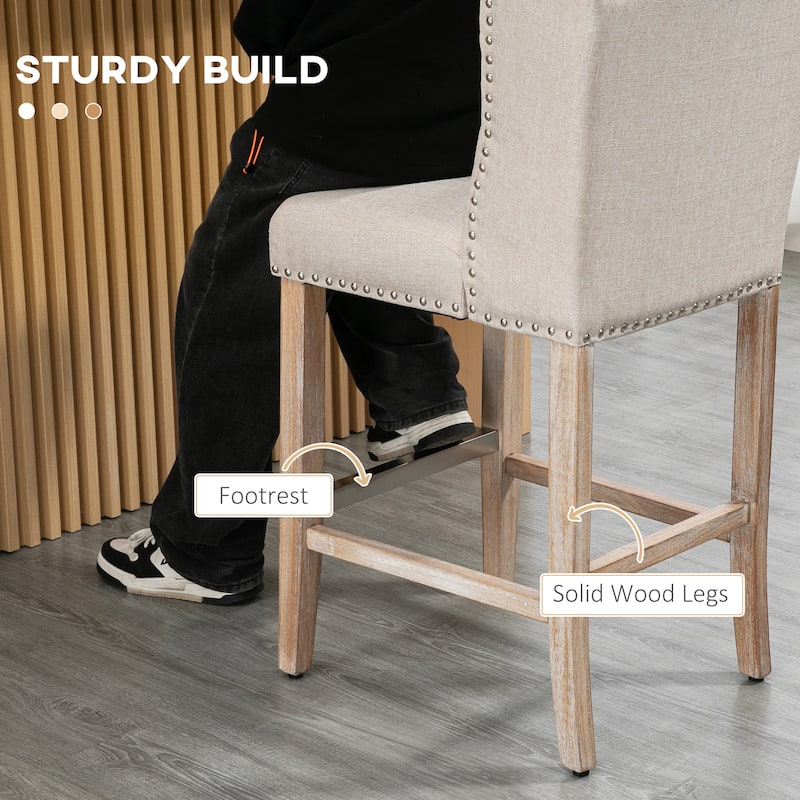 Set of 2 Beige Linen Counter Bar Stools with Foam Cushion and Rubber Wood Legs Footrest - 19.25"W x 23"D x 41"H