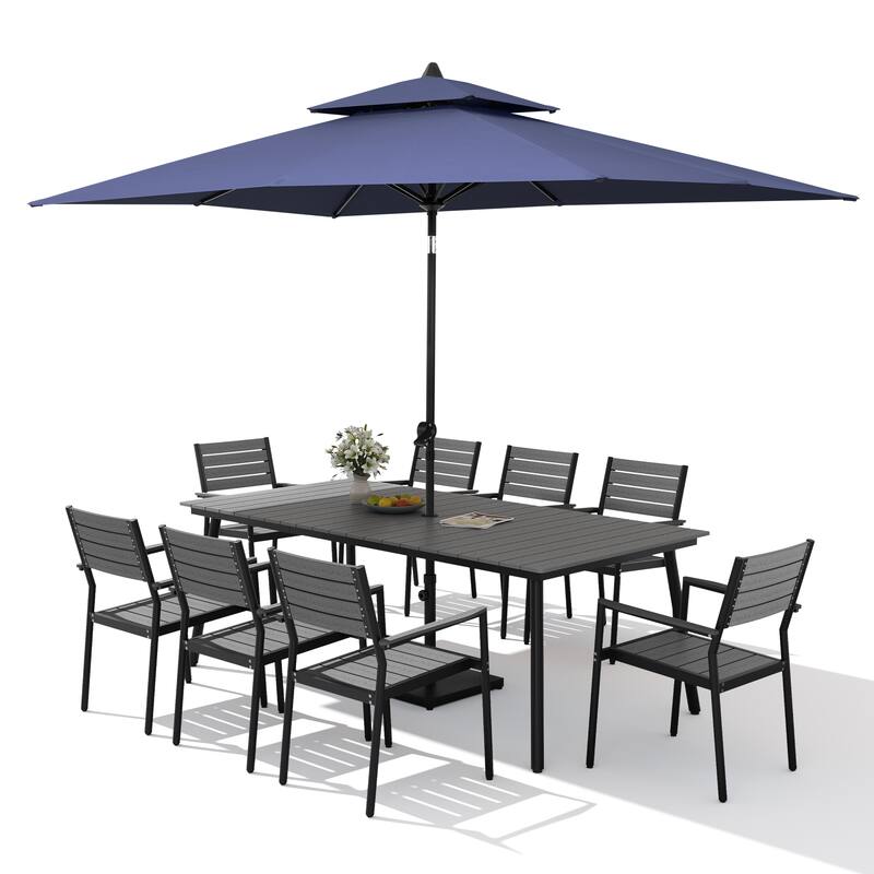 11PC Outdoor Patio Dining Set Aluminum Table with Stackable Armchairs w/ Market Umbrella Set