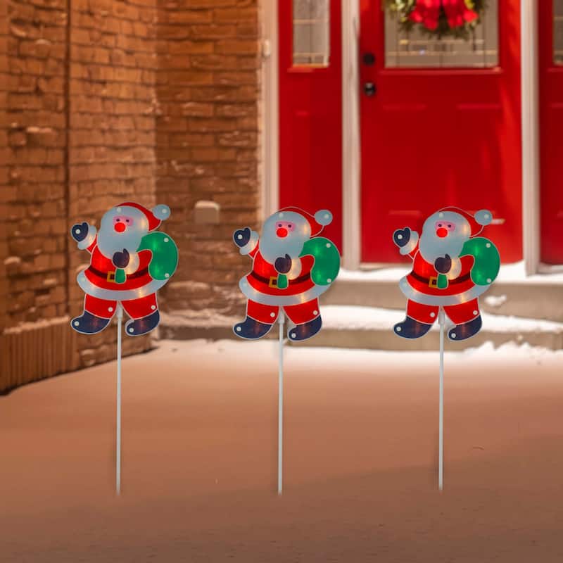 Set of 3 Lighted Holographic Santa Claus Christmas Pathway Markers 25"