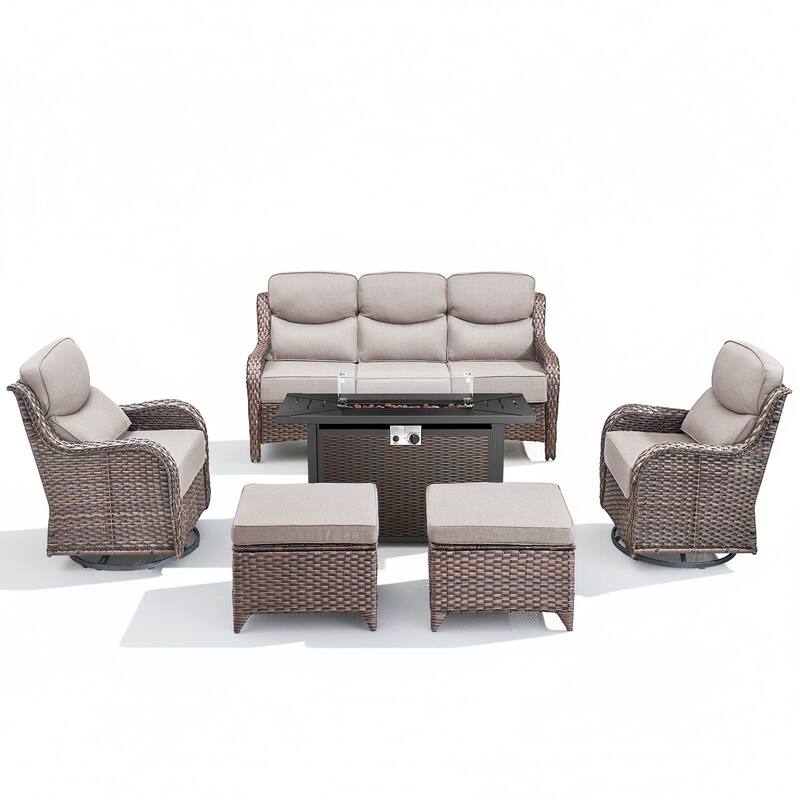 Arcadia 6-Piece PE Wicker Patio Seating Set with Durable All-Iron Fire Pit and 6-Inch Cushions