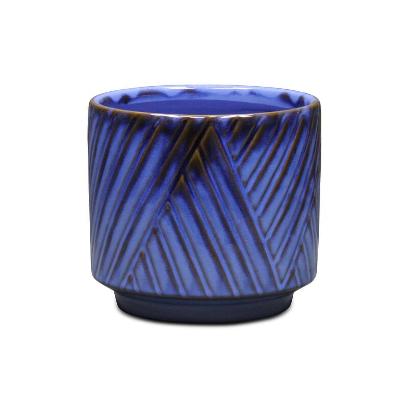 Parlora Crossed Diagonal Pattern Ceramic Pot - Blue - Medium