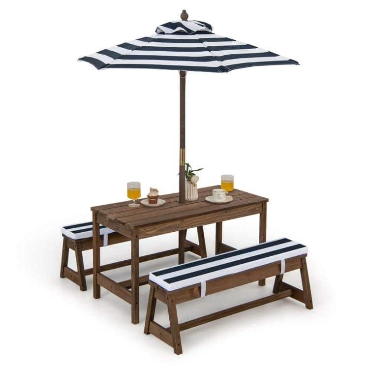 Brown-White-Navy Fir Wood Kids Picnic Table Set with Umbrella - Table: 35" x 17.5" x 20"