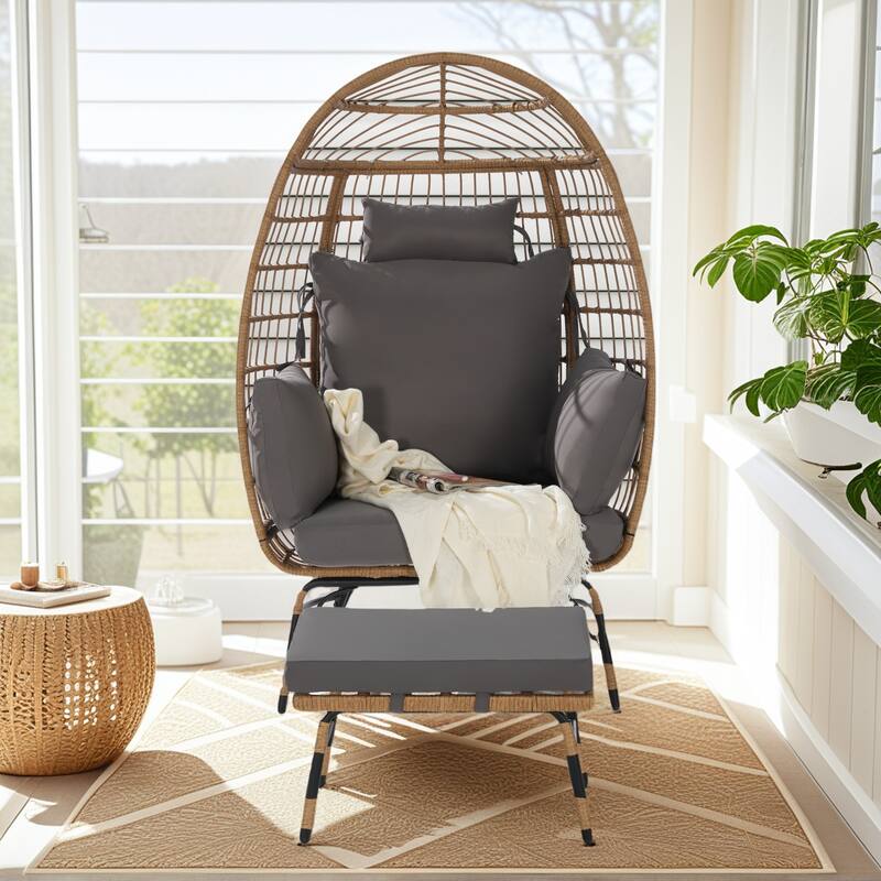 Luxury All-Weather Egg Chair with Ottoman, Oversized Rattan Hanging Chair for Patio, Balcony & Backyard - DarkGrey