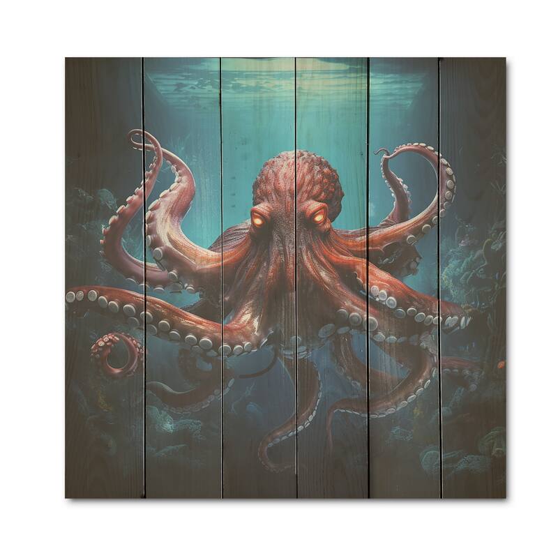 Designart "Cosmic Art Style Octopus" Octopus/Squid Wood Wall Decor - Modern Coral Wood Panel On Natural Pine Wood