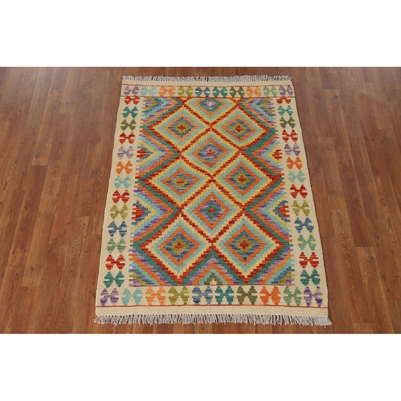 Reversible Kilim Rug Hand-Woven Wool Foyer Carpet - 3'4"x 4'6"