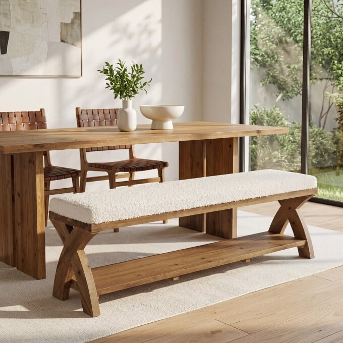 55" Solid Wood End of Bed Bench, 2-Tier Upholstered Dining Bench